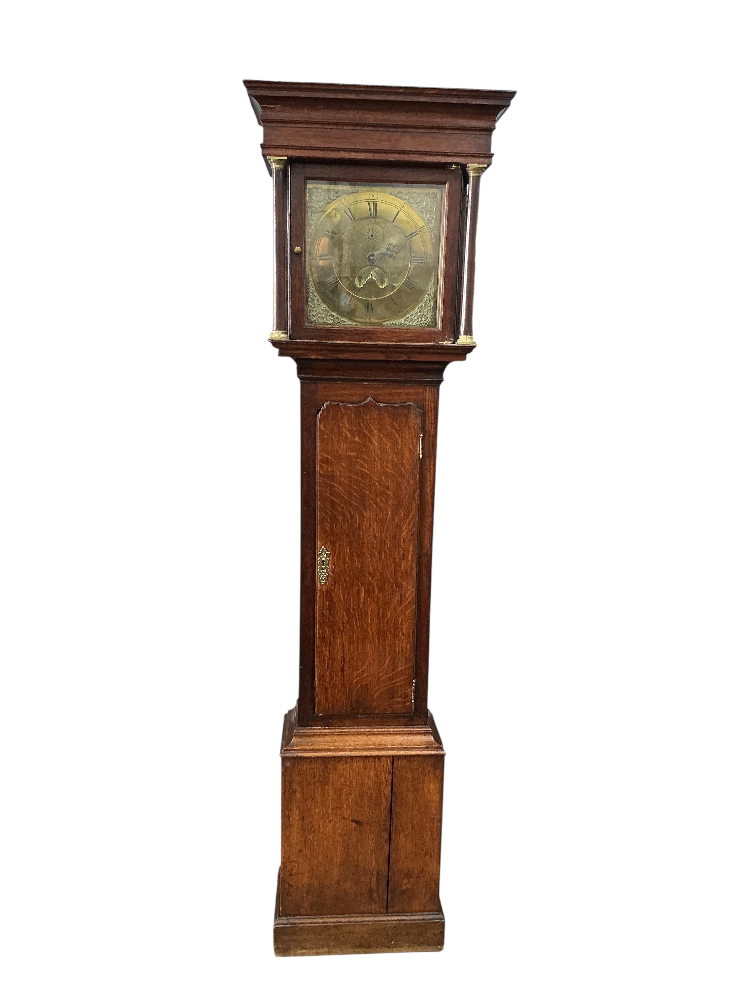 A late 18th century oak 30 hour brass dial longcase clock, by Joseph Marshall, Leicester, height 211cm